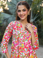 Janasya Bright Cotton Floral A-Line Tunic