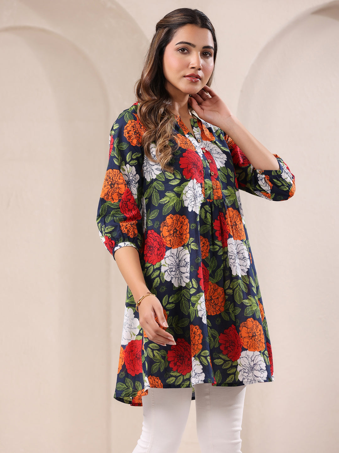 Janasya Bright Cotton Floral A-Line Tunic