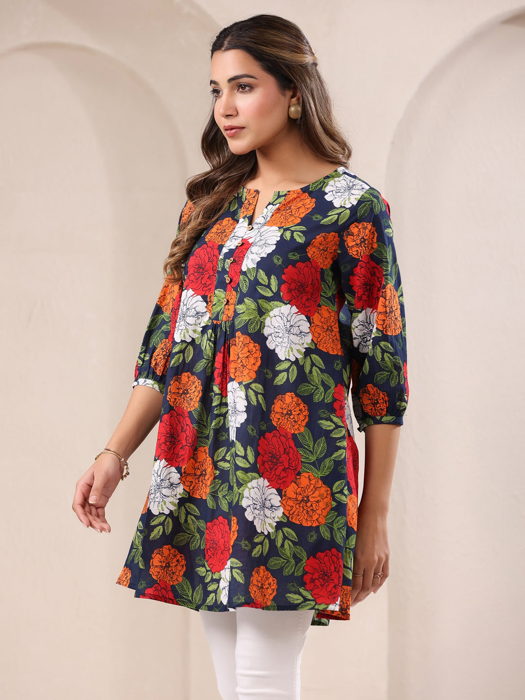 Janasya Bright Cotton Floral A-Line Tunic