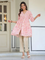 Janasya Light Georgette Floral Gathering Tunic