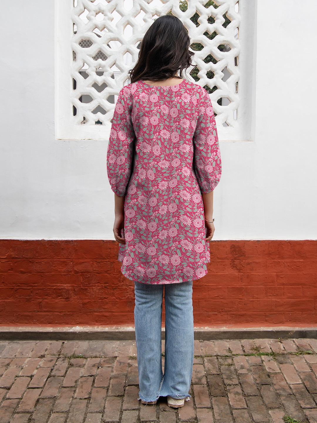 Janasya Dark Georgette Floral A-Line Tunic