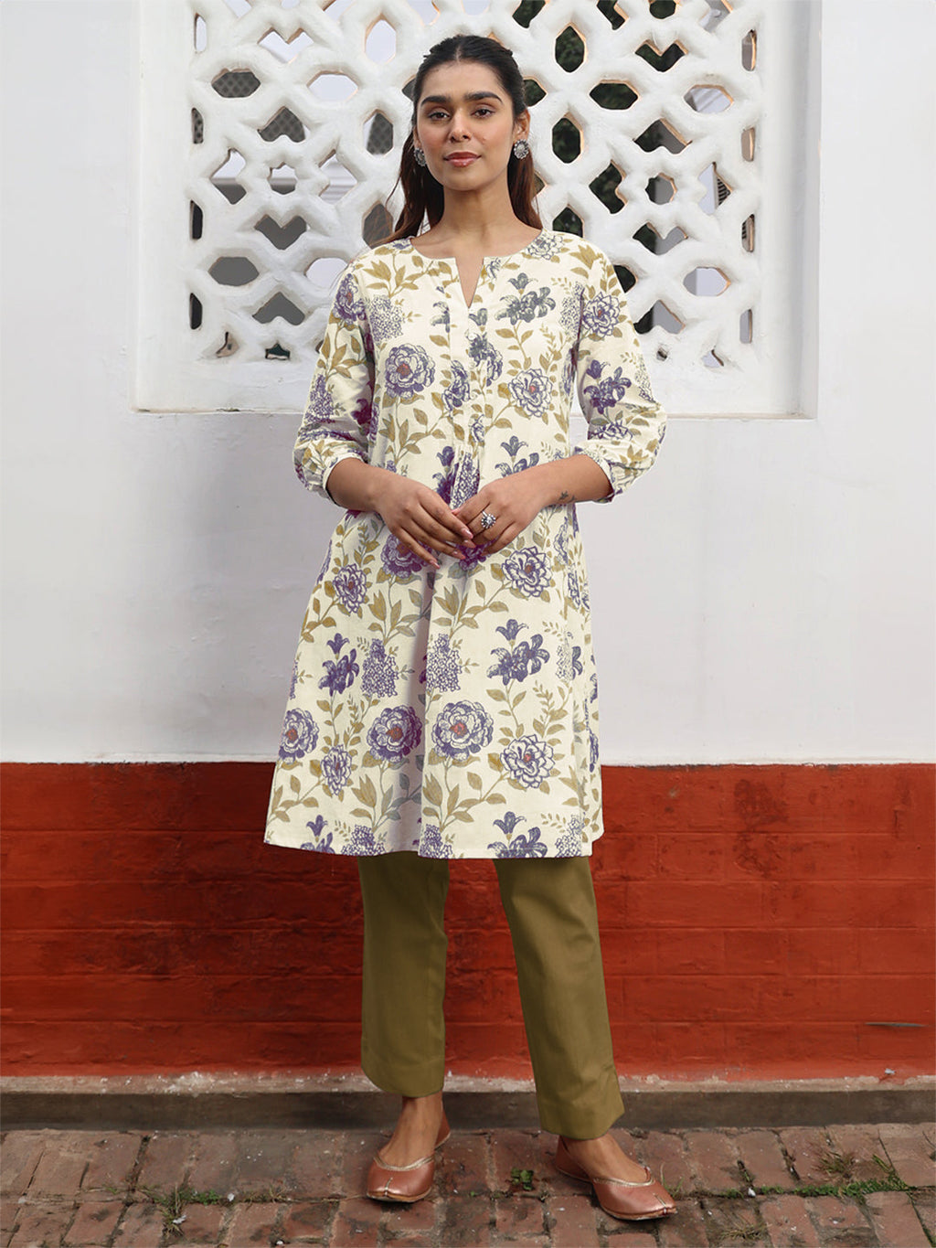 Janasya Light Cotton Floral A-Line Tunic