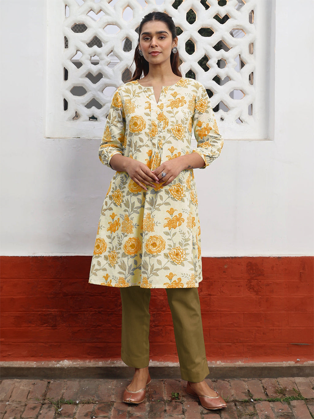 Janasya Light Cotton Floral A-Line Tunic