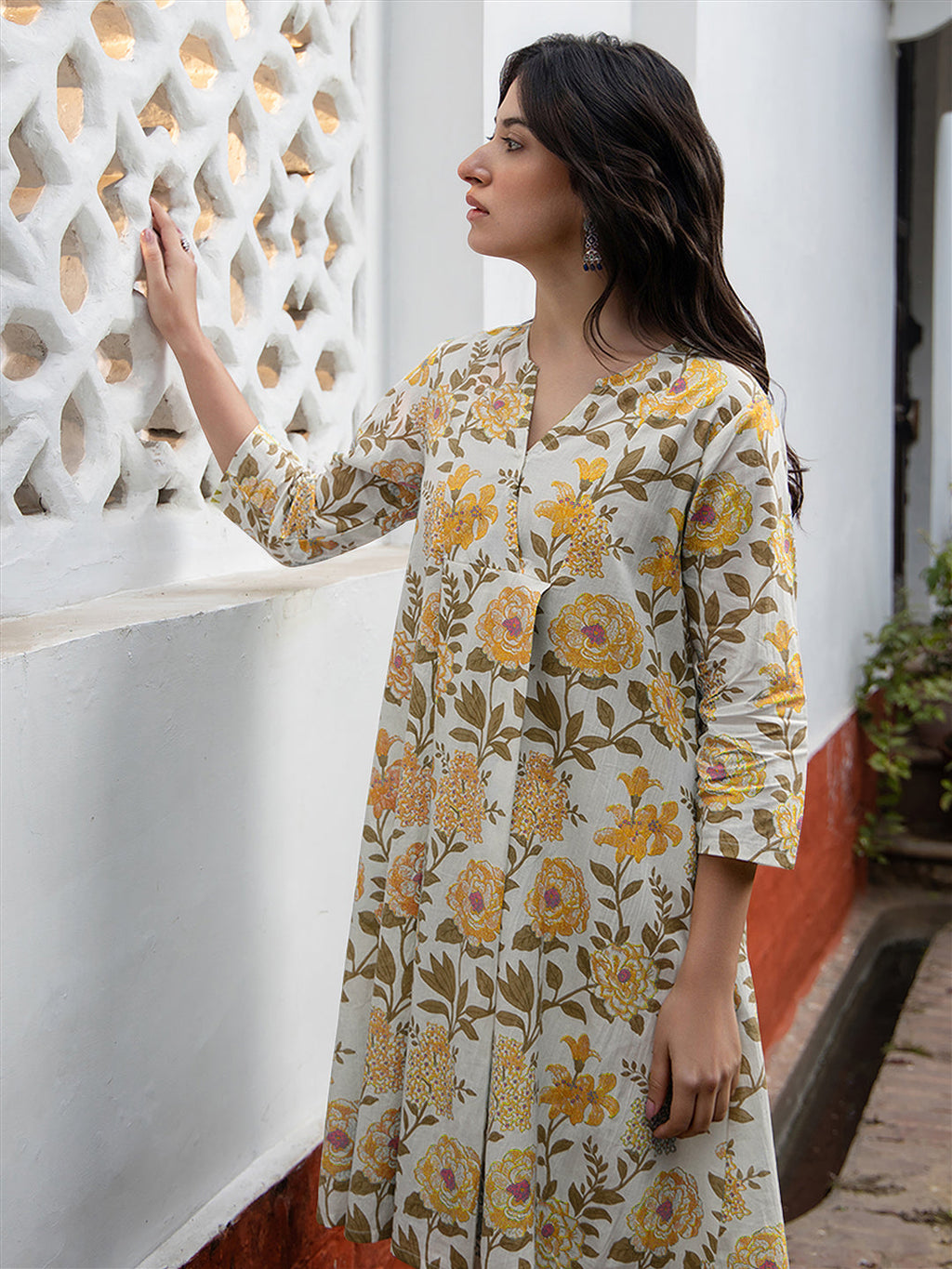 Janasya Light Cotton Floral A-Line Tunic