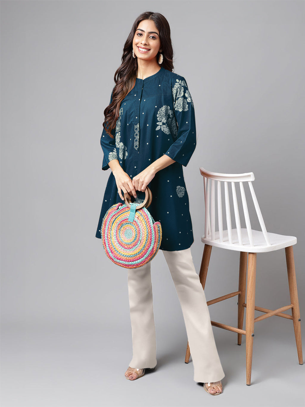Janasya Bright Cotton Floral Flared Tunic