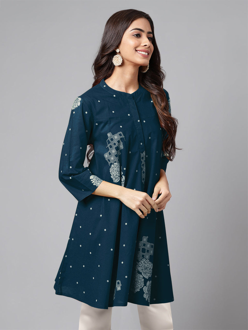 Janasya Bright Cotton Floral Flared Tunic