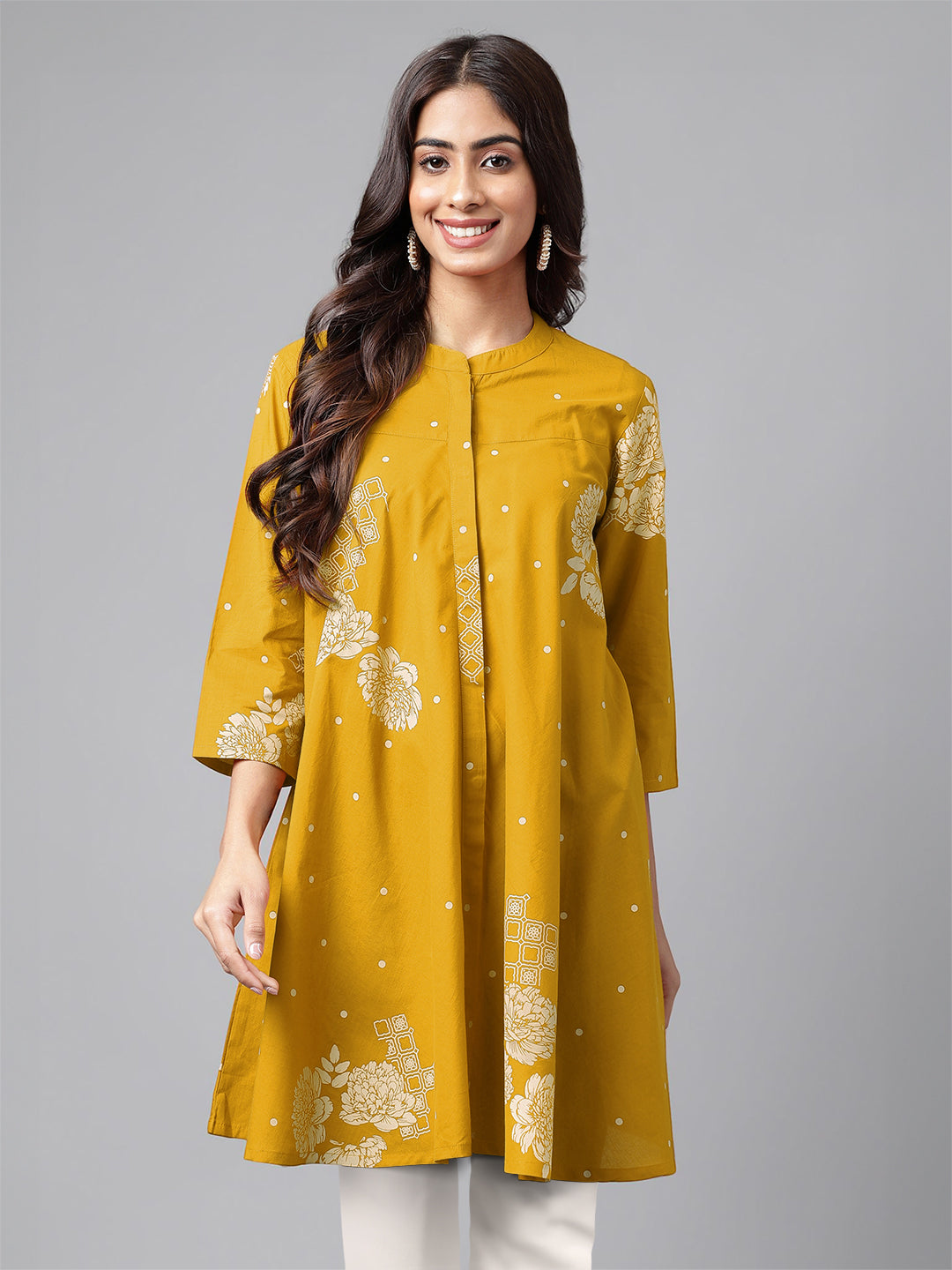 Janasya Bright Cotton Floral Flared Tunic - Distacart