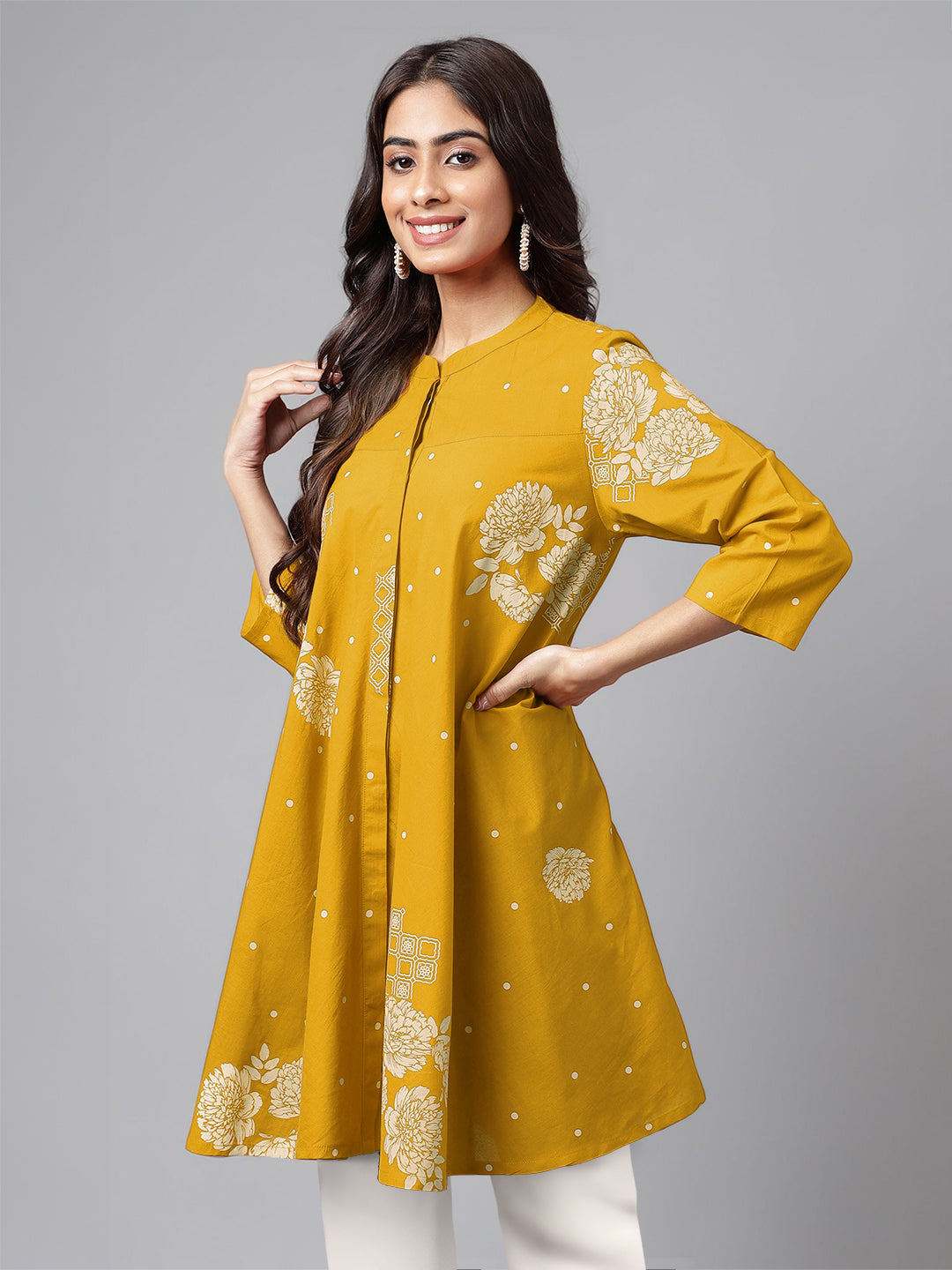 Janasya Bright Cotton Floral Flared Tunic - Distacart