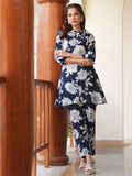 Janasya Dark Cotton Floral A-Line Top & Bottom Set