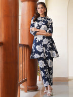 Janasya Dark Cotton Floral A-Line Top & Bottom Set