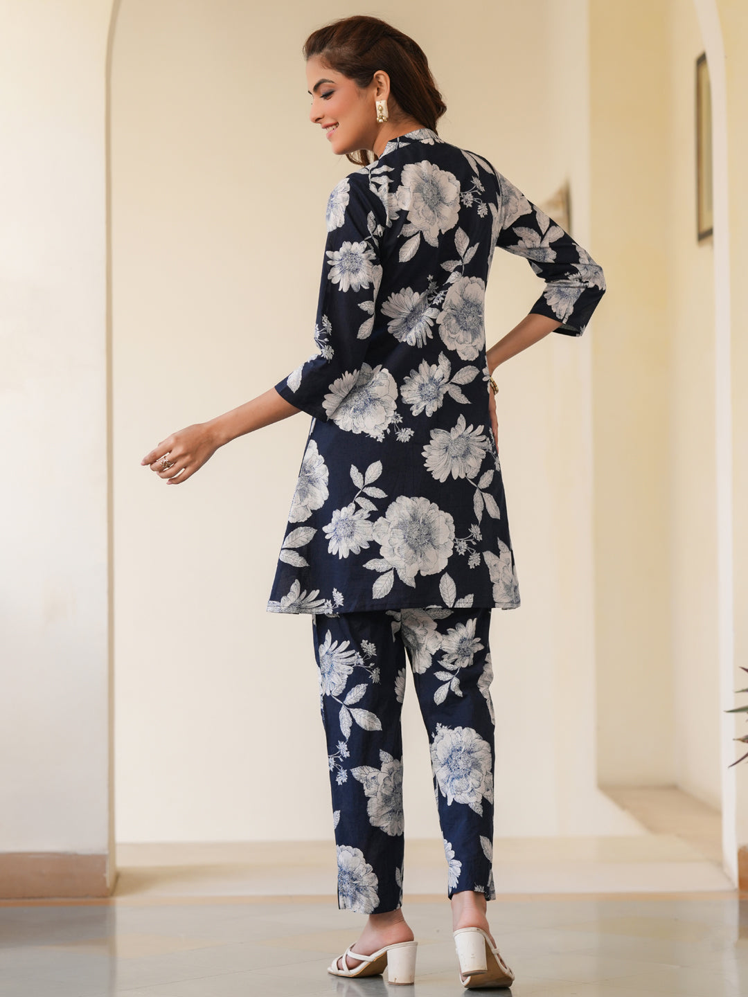 Janasya Dark Cotton Floral A-Line Top & Bottom Set