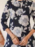 Janasya Dark Cotton Floral A-Line Top & Bottom Set