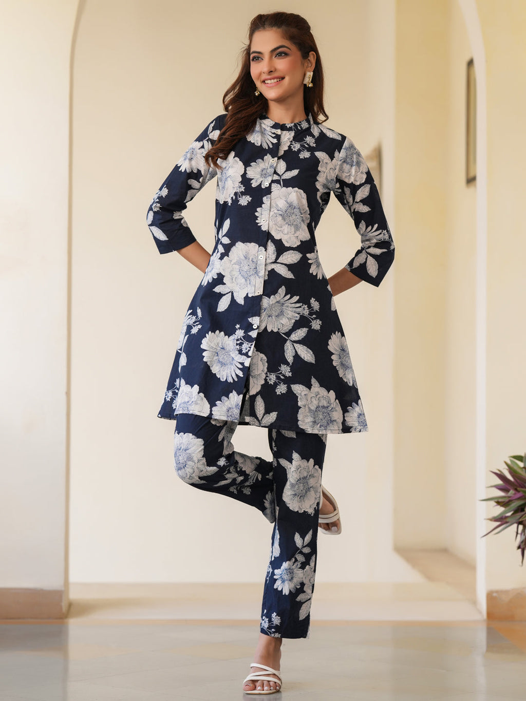 Janasya Dark Cotton Floral A-Line Top & Bottom Set
