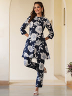 Janasya Dark Cotton Floral A-Line Top & Bottom Set