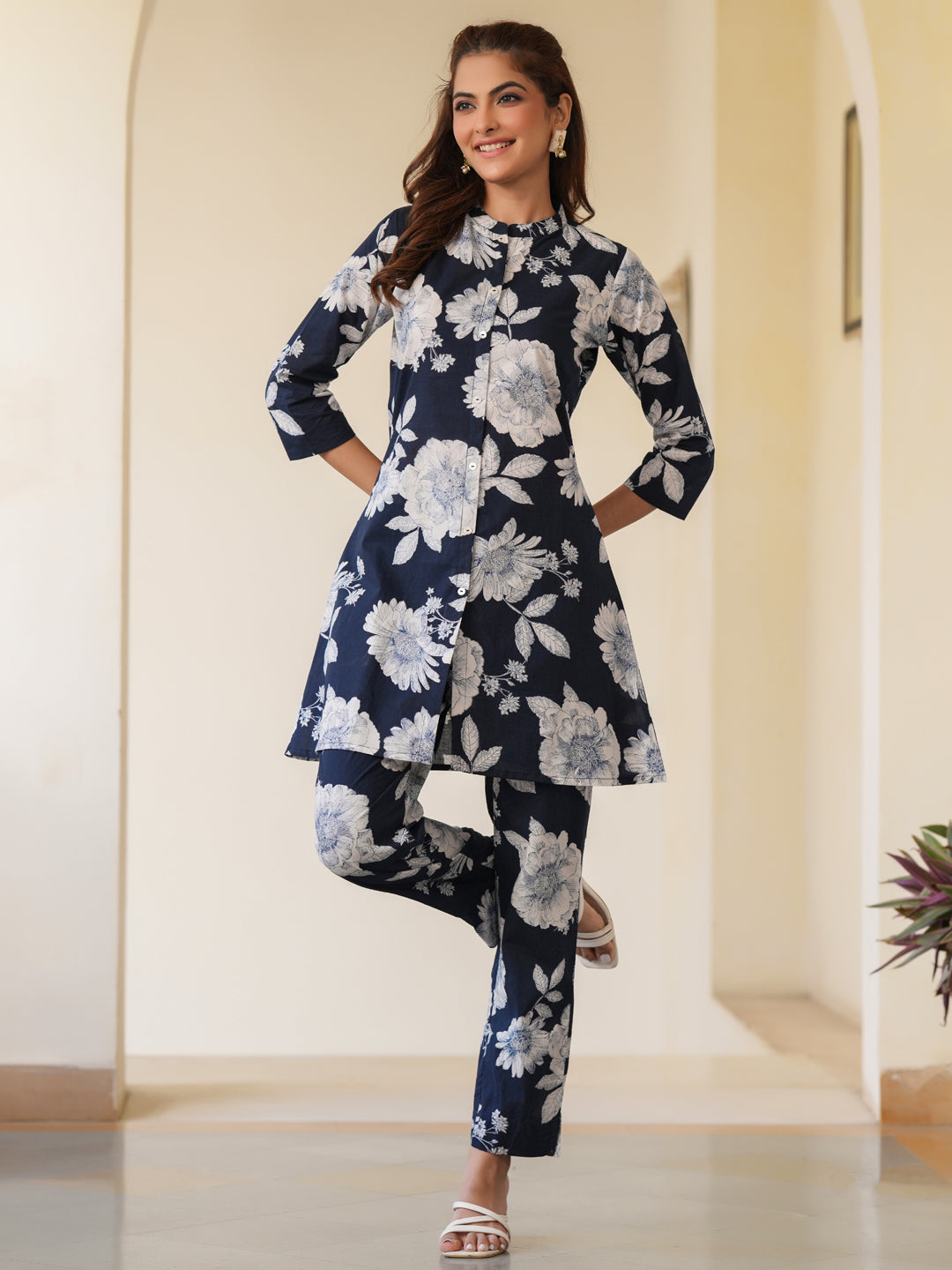 Janasya Dark Cotton Floral A-Line Top & Bottom Set