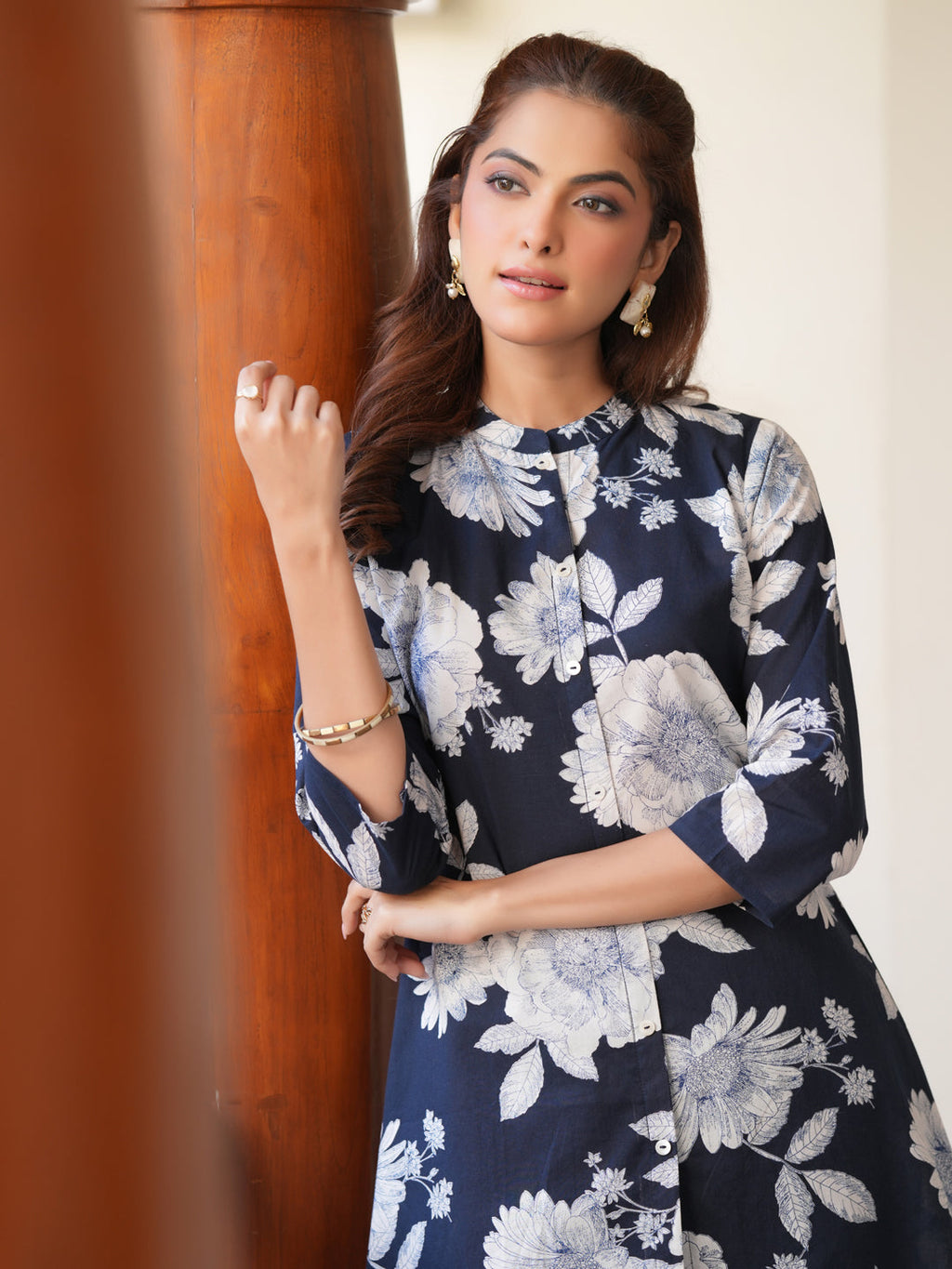 Janasya Dark Cotton Floral A-Line Top & Bottom Set