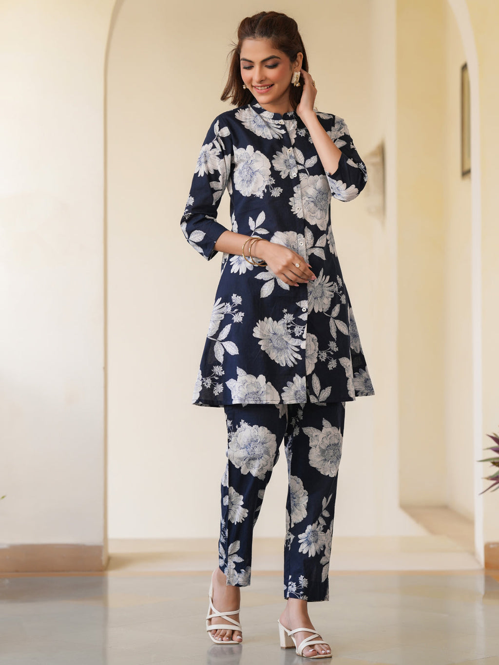 Janasya Dark Cotton Floral A-Line Top & Bottom Set