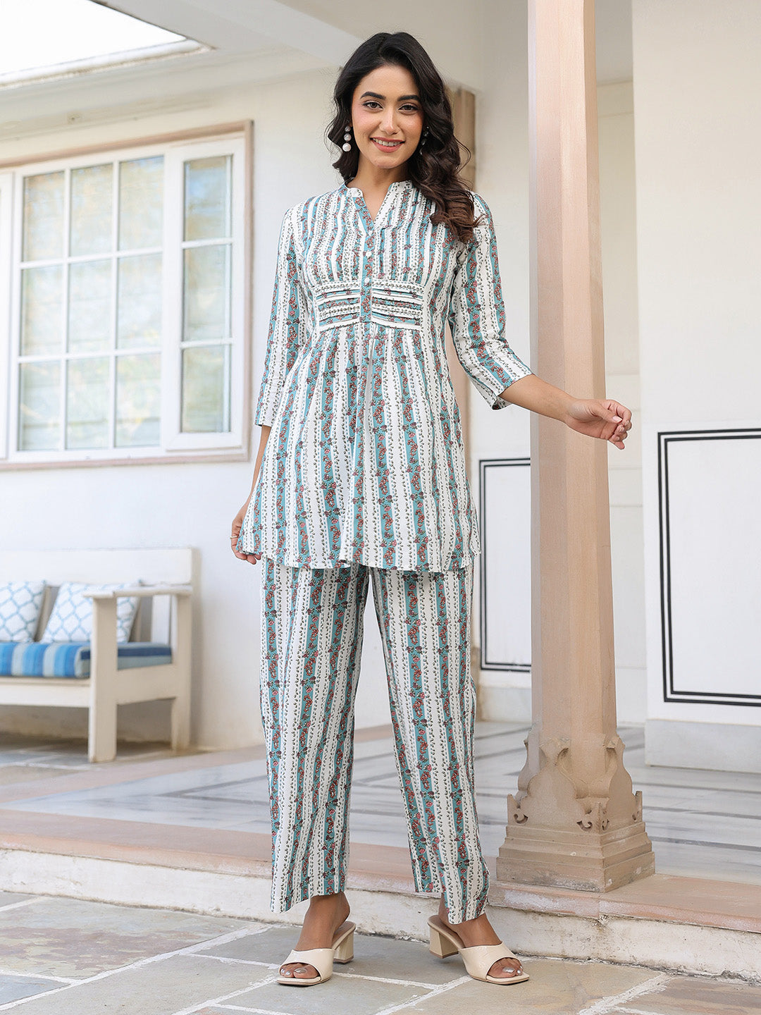 Janasya Light Cotton Floral A-Line Top & Bottom Set