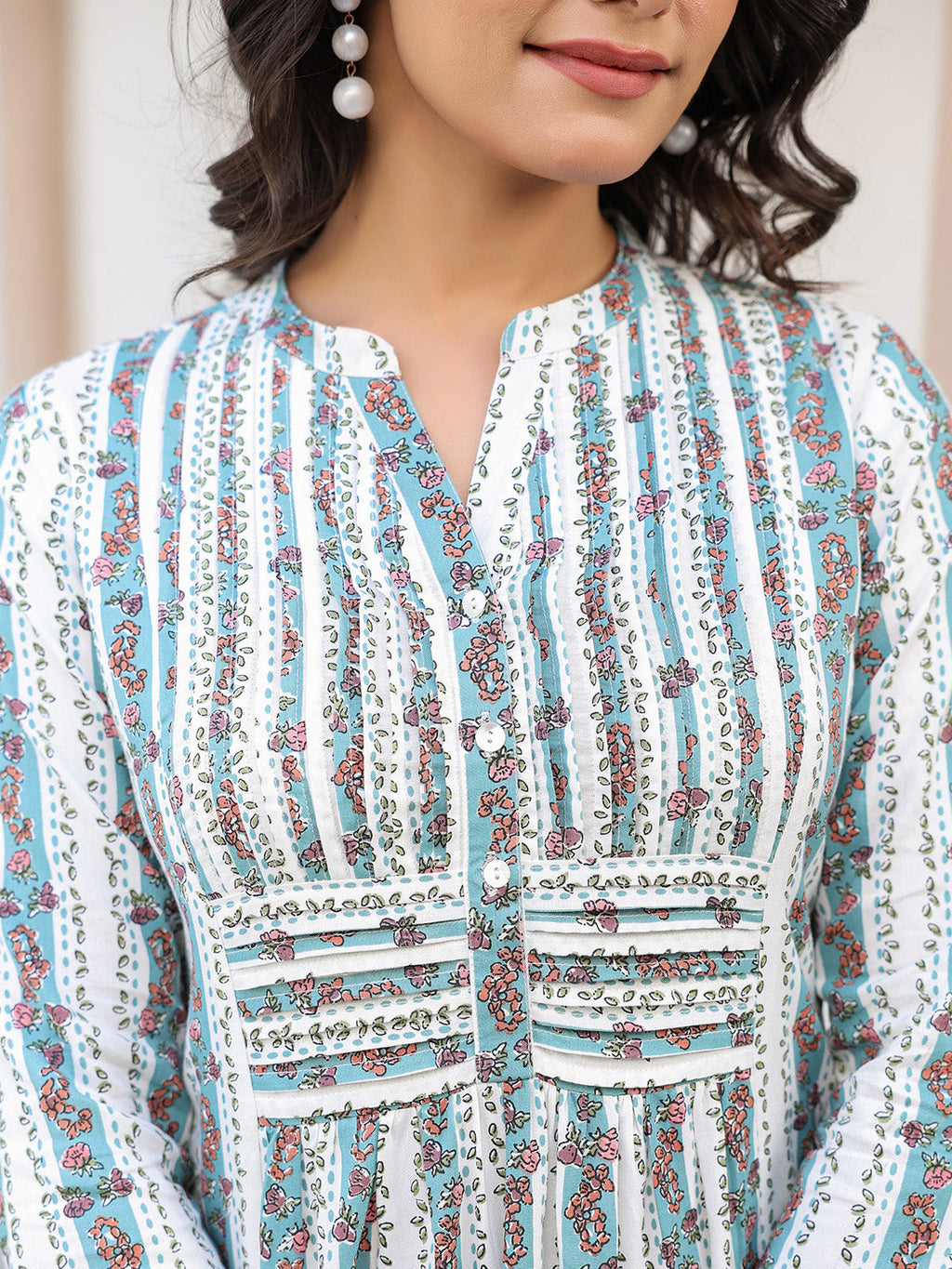 Janasya Light Cotton Floral A-Line Top & Bottom Set