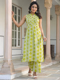 Janasya Bright Cotton Geometric A-Line Kurta Set