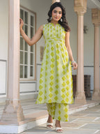 Janasya Bright Cotton Geometric A-Line Kurta Set