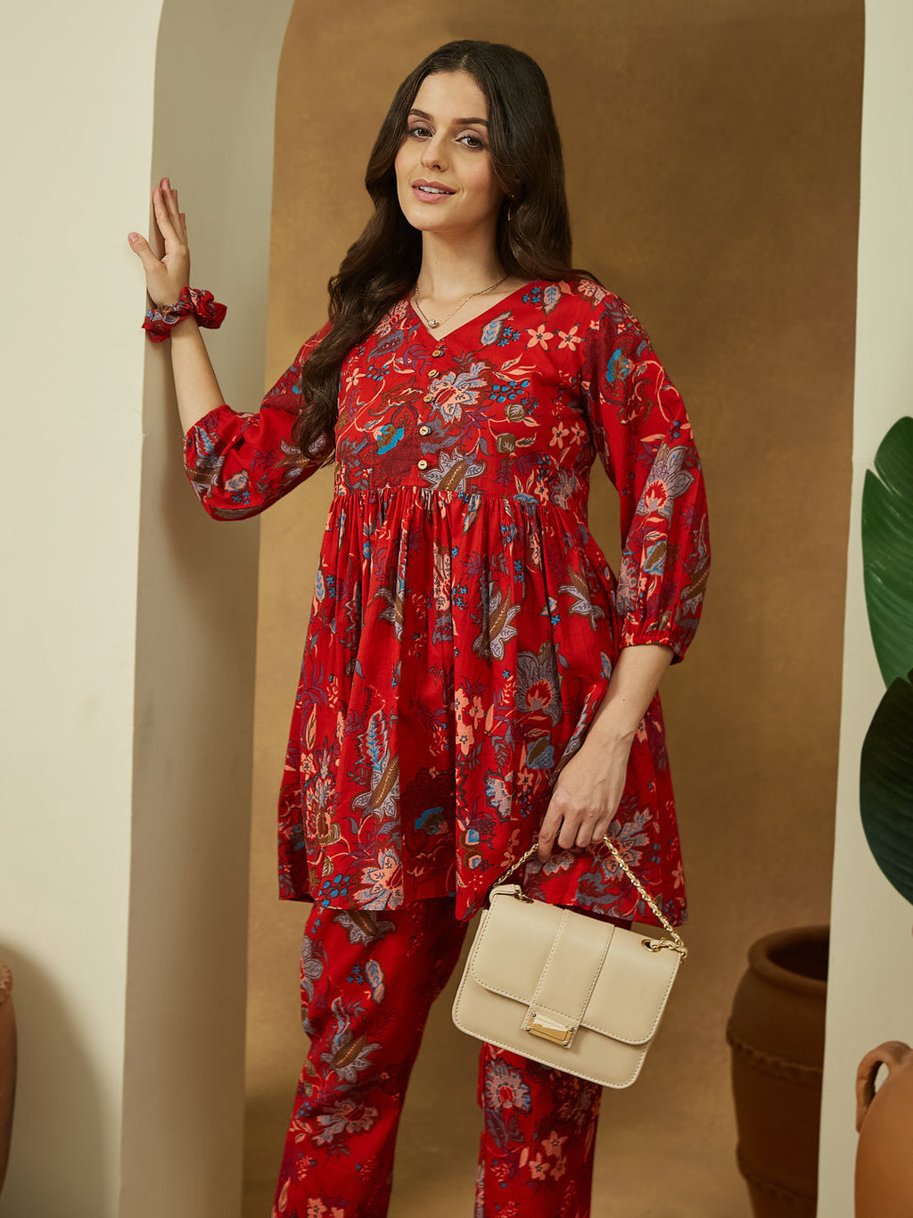 Janasya Bright Cotton Floral Peplum Top & Bottom Set - Distacart