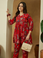 Janasya Bright Cotton Floral Peplum Top & Bottom Set - Distacart