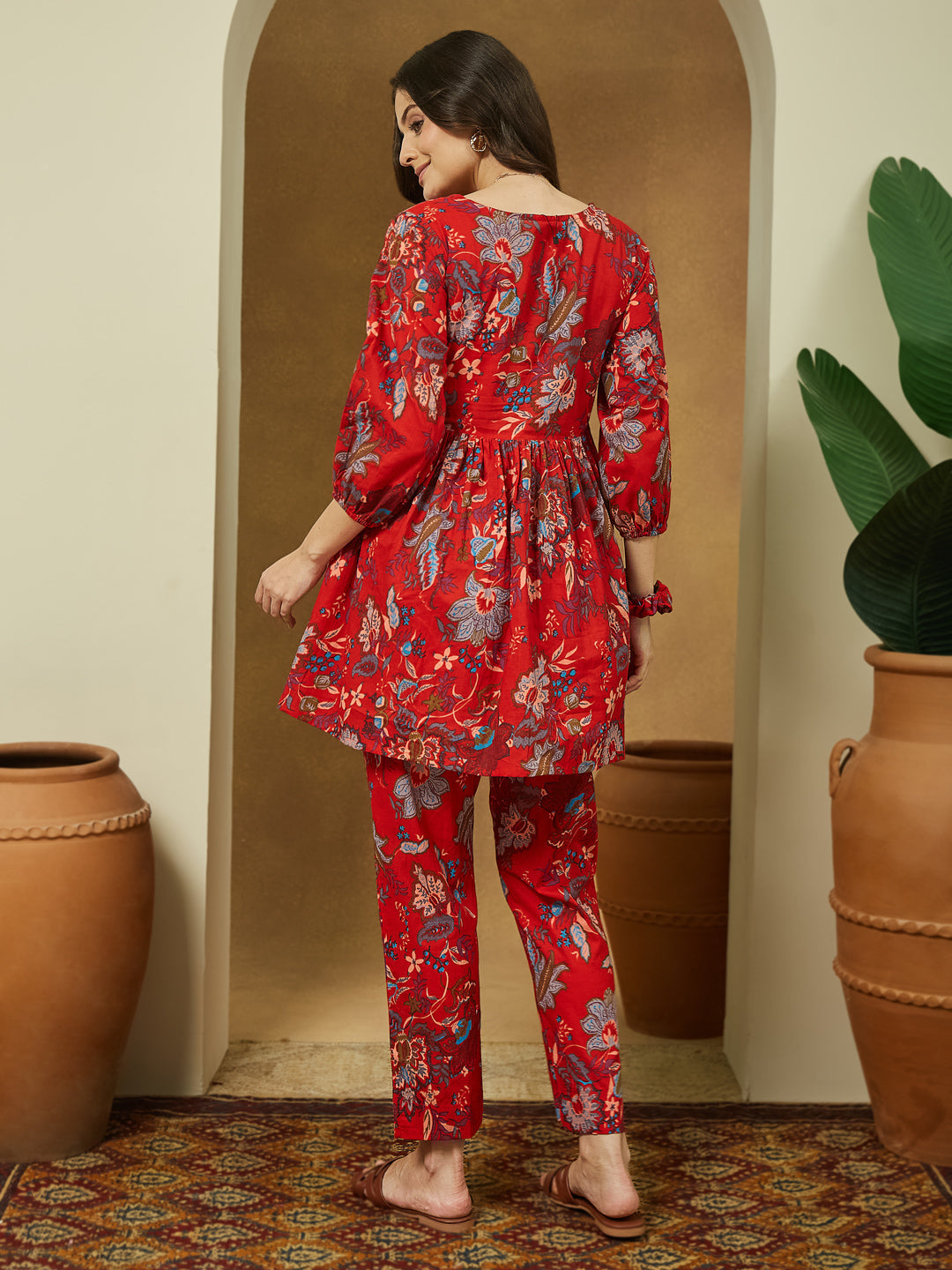 Janasya Bright Cotton Floral Peplum Top & Bottom Set - Distacart