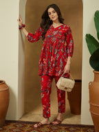Janasya Bright Cotton Floral Peplum Top & Bottom Set - Distacart