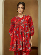 Janasya Bright Cotton Floral Peplum Top & Bottom Set - Distacart