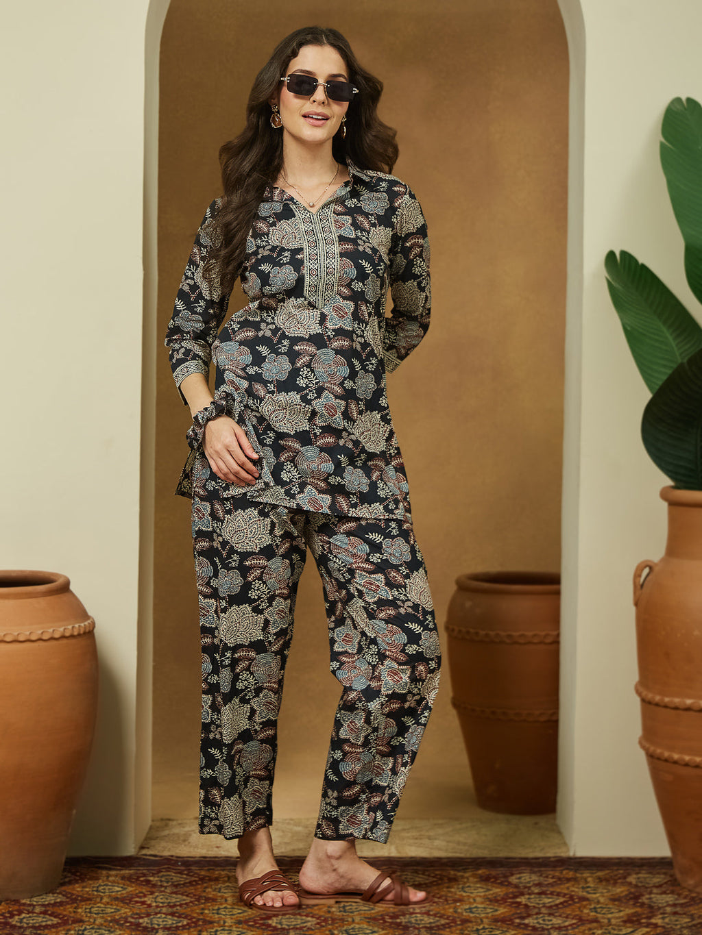 Janasya Dark Cotton Floral Straight Top & Bottom Set