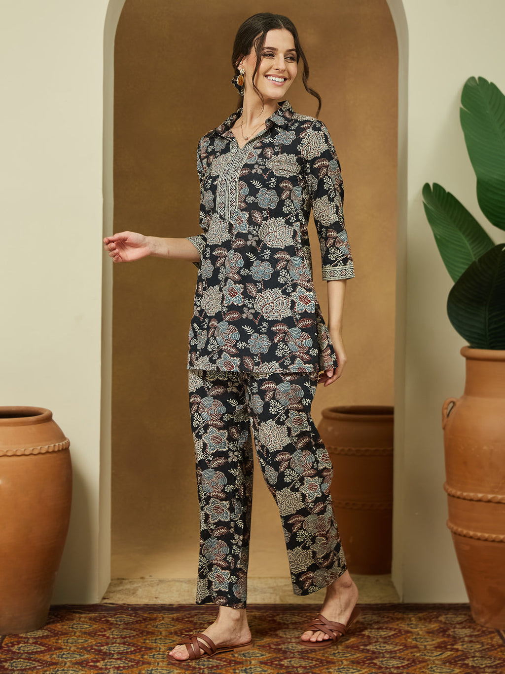 Janasya Dark Cotton Floral Straight Top & Bottom Set
