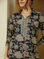 Janasya Dark Cotton Floral Straight Top & Bottom Set