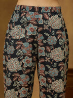 Janasya Dark Cotton Floral Straight Top & Bottom Set