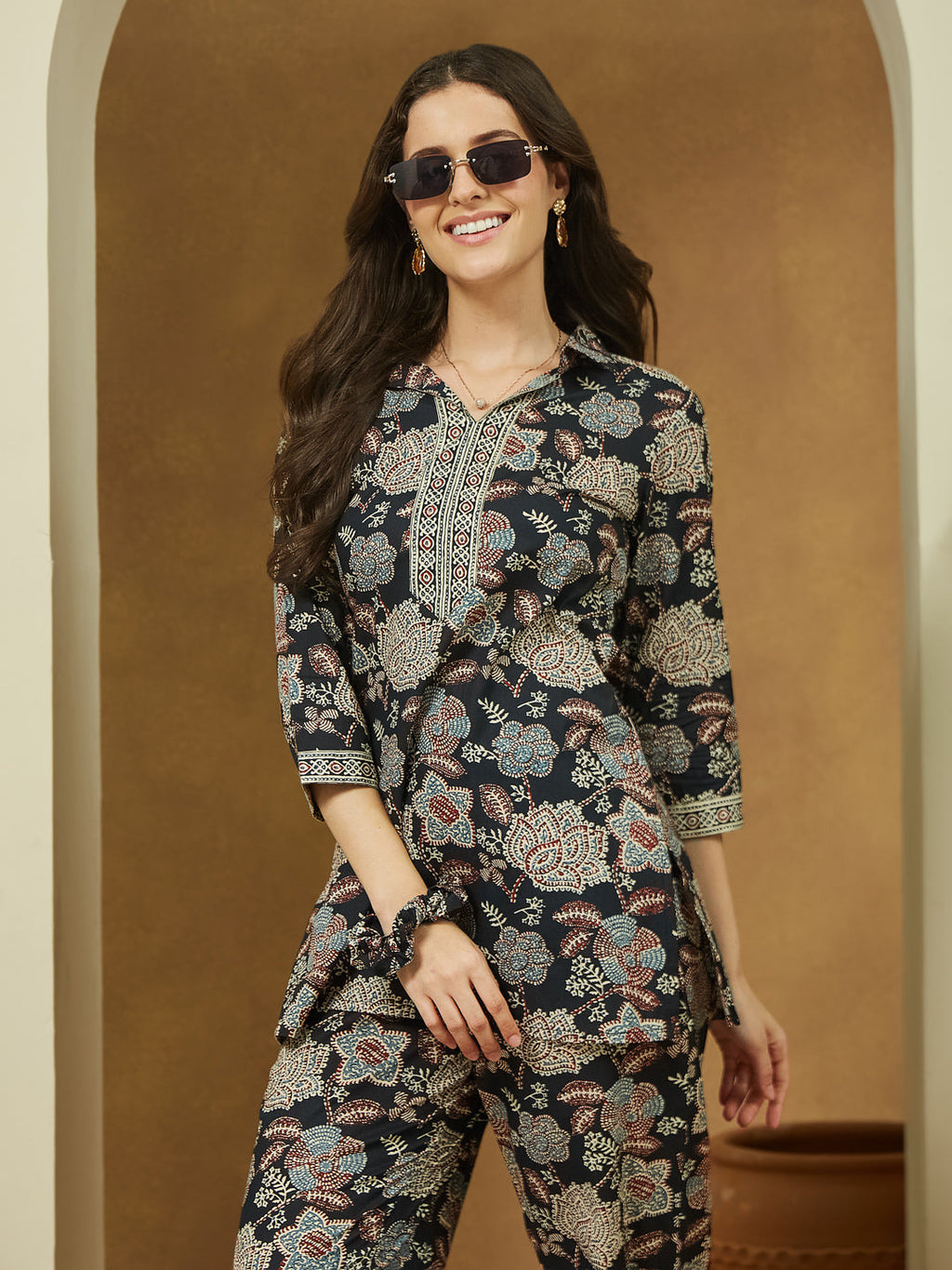 Janasya Dark Cotton Floral Straight Top & Bottom Set