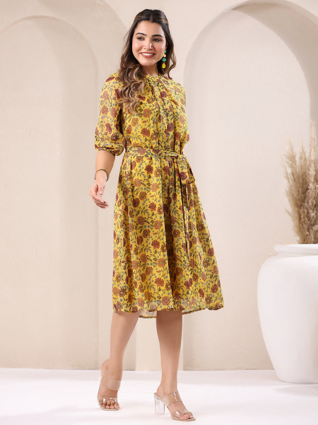 Janasya Bright Georgette Floral A-Line Dress - Distacart