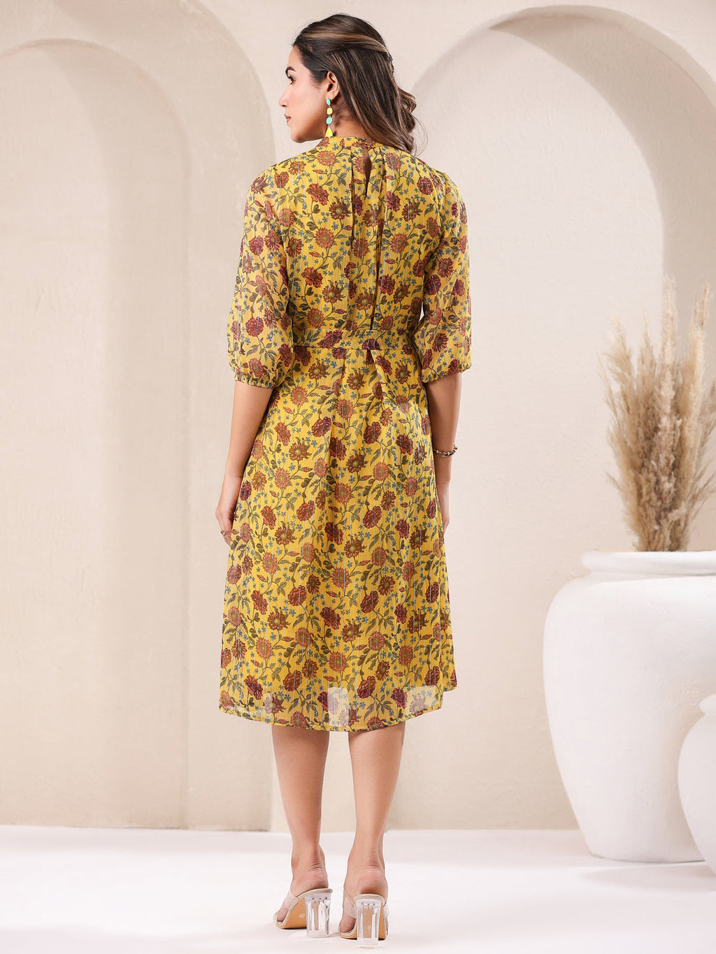 Janasya Bright Georgette Floral A-Line Dress - Distacart