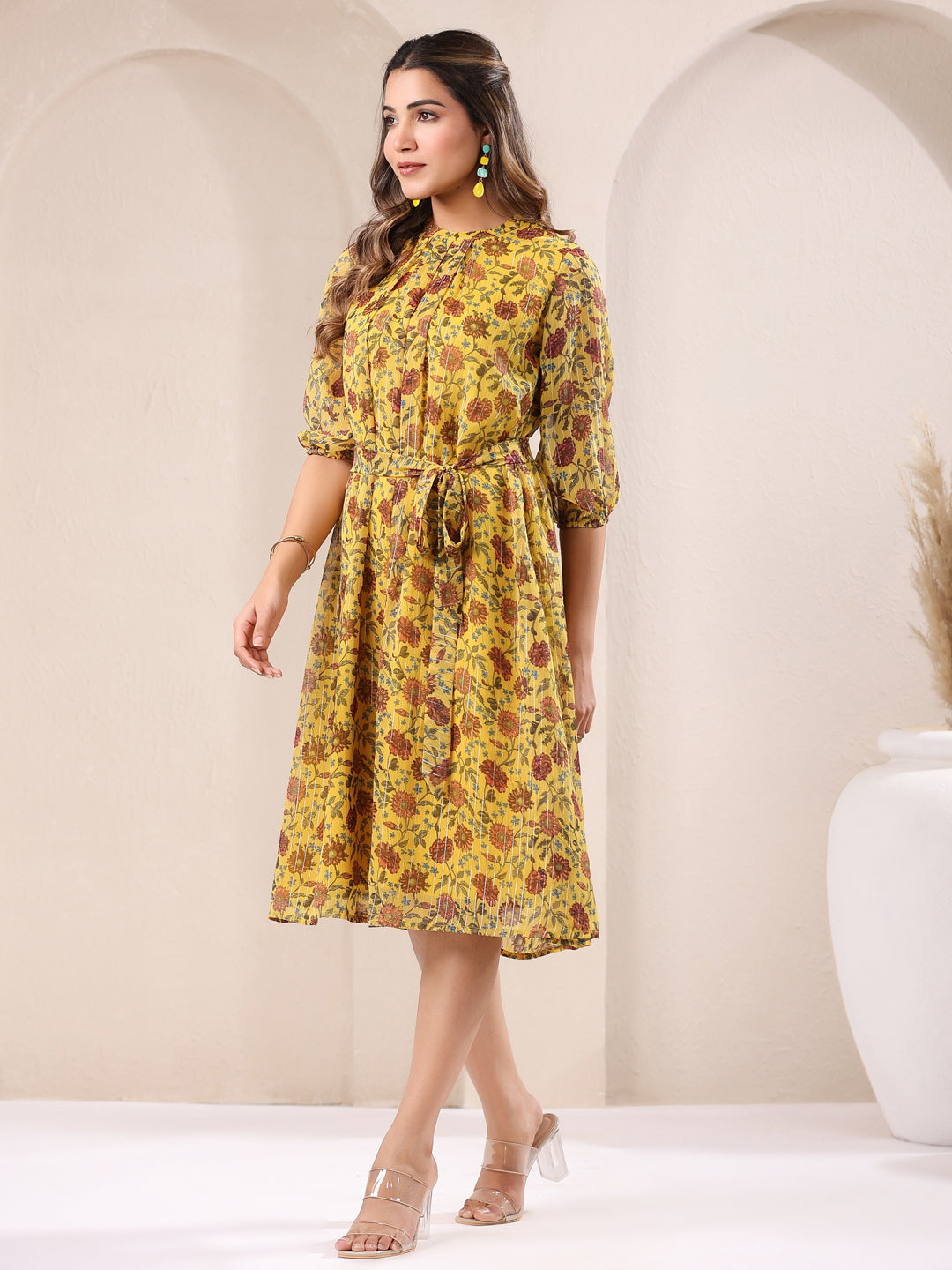 Janasya Bright Georgette Floral A-Line Dress - Distacart