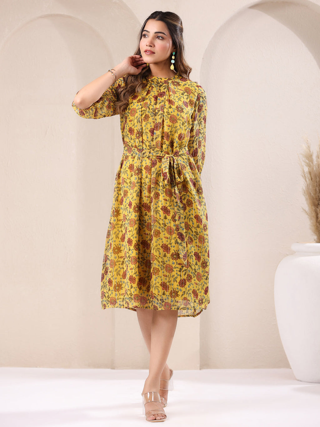 Janasya Bright Georgette Floral A-Line Dress - Distacart