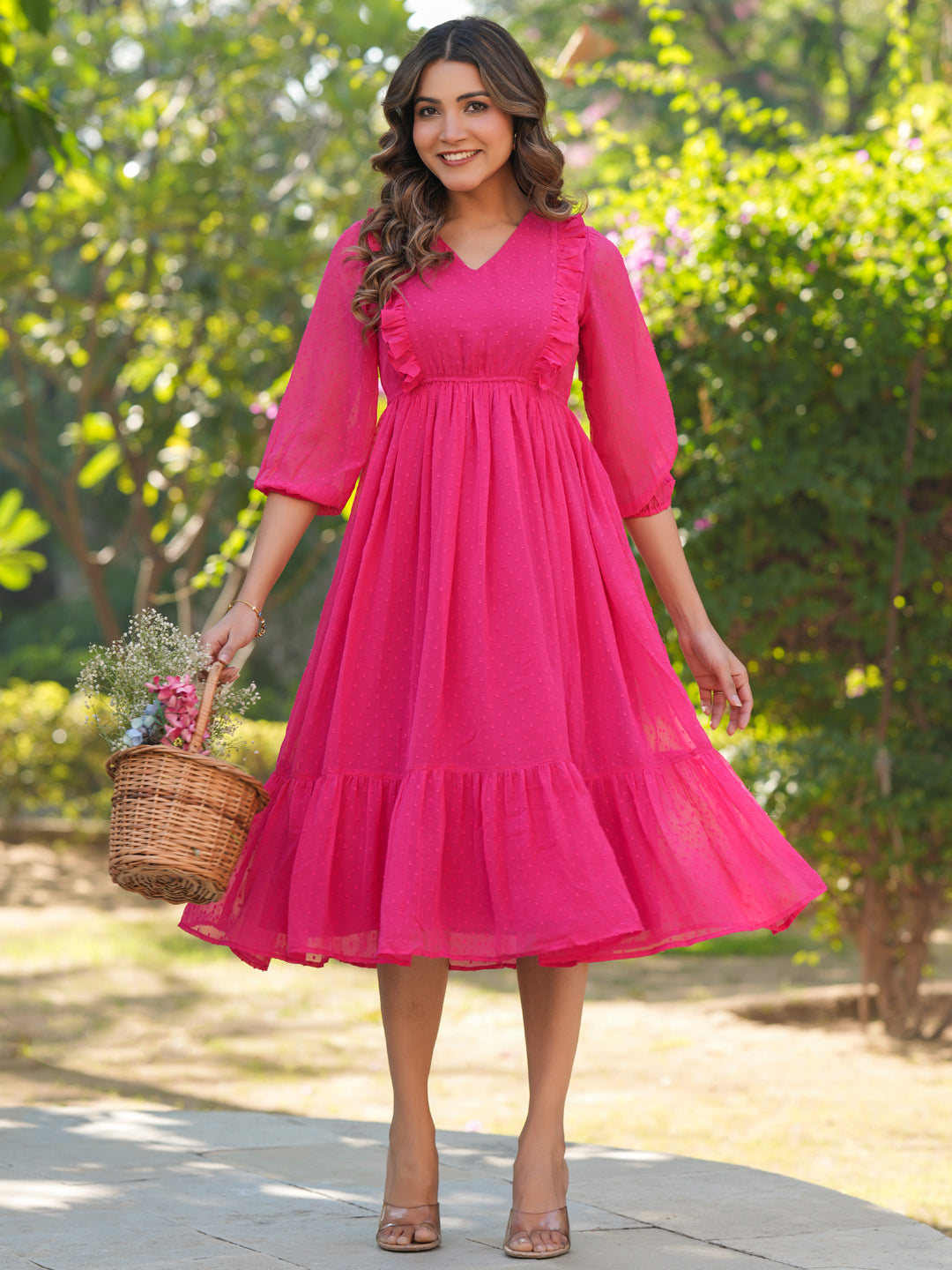 Janasya Bright Dobby Chiffon Self Design Fit & Flare Dress