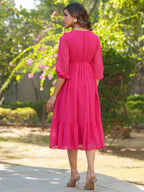 Janasya Bright Dobby Chiffon Self Design Fit & Flare Dress