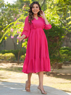 Janasya Bright Dobby Chiffon Self Design Fit & Flare Dress