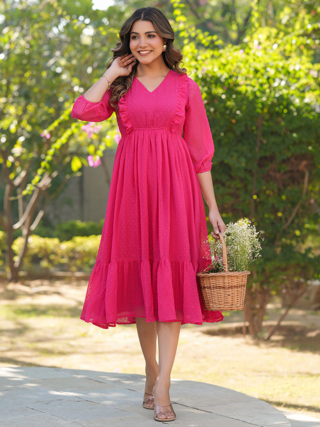 Janasya Bright Dobby Chiffon Self Design Fit & Flare Dress