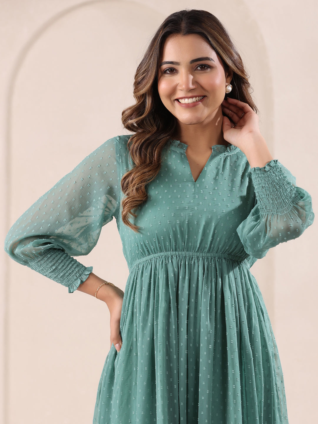 Janasya Dark Dobby Chiffon Self Design Fit & Flare Dress - Distacart