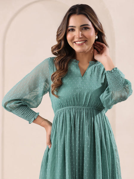 Janasya Dark Dobby Chiffon Self Design Fit & Flare Dress