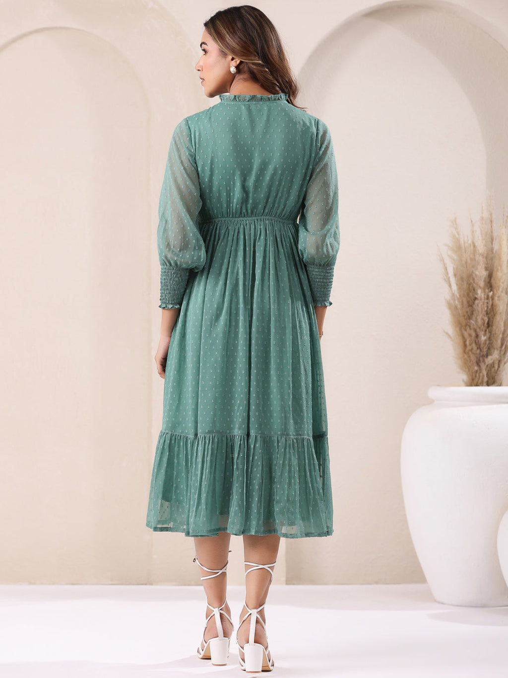 Janasya Dark Dobby Chiffon Self Design Fit & Flare Dress - Distacart