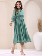 Janasya Dark Dobby Chiffon Self Design Fit & Flare Dress - Distacart