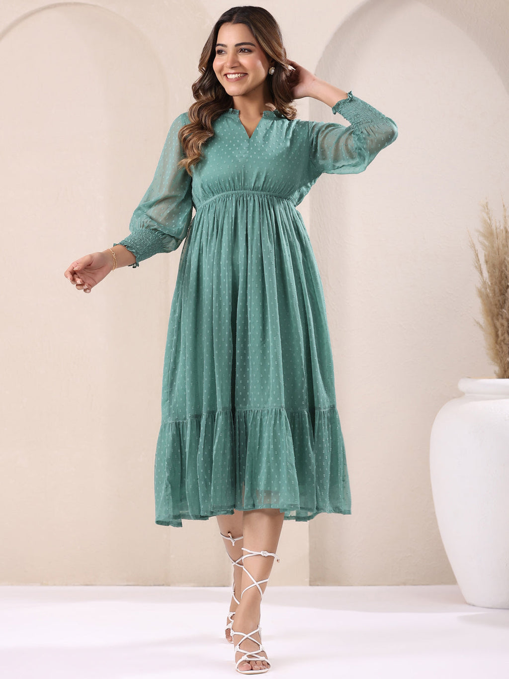 Janasya Dark Dobby Chiffon Self Design Fit & Flare Dress - Distacart
