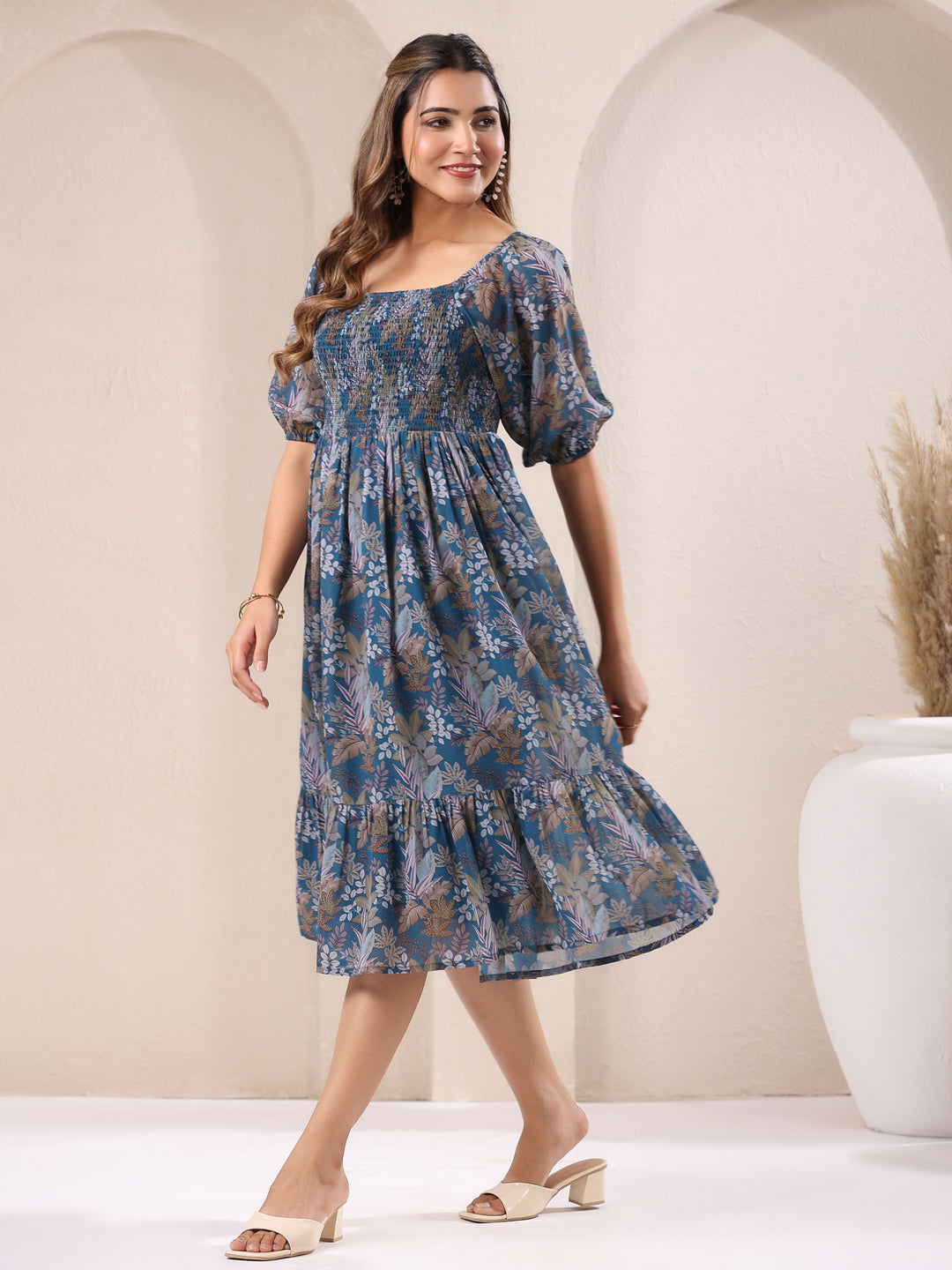 Janasya Dark Georgette Floral A-Line DRESS - Distacart