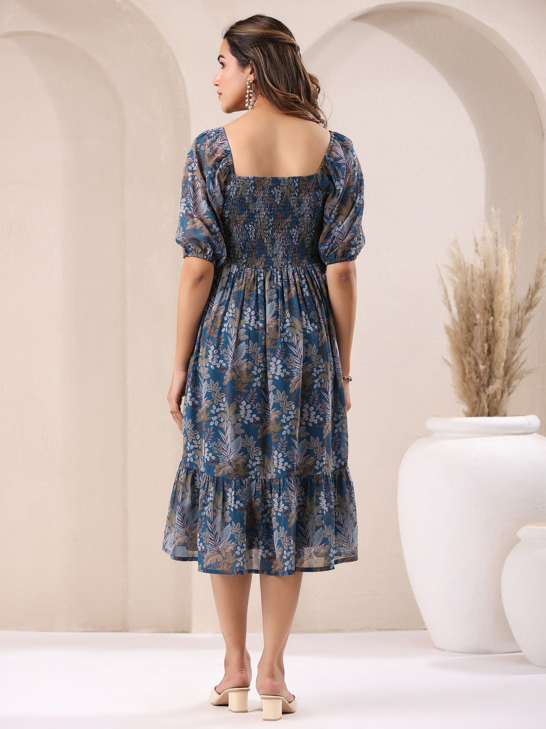 Janasya Dark Georgette Floral A-Line DRESS - Distacart